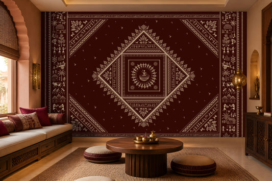 A large wall tapestry with an intricate geometric and tribal pattern in deep maroon and cream, displayed in a styled living room setting with a wooden coffee table, poufs, and a daybed.