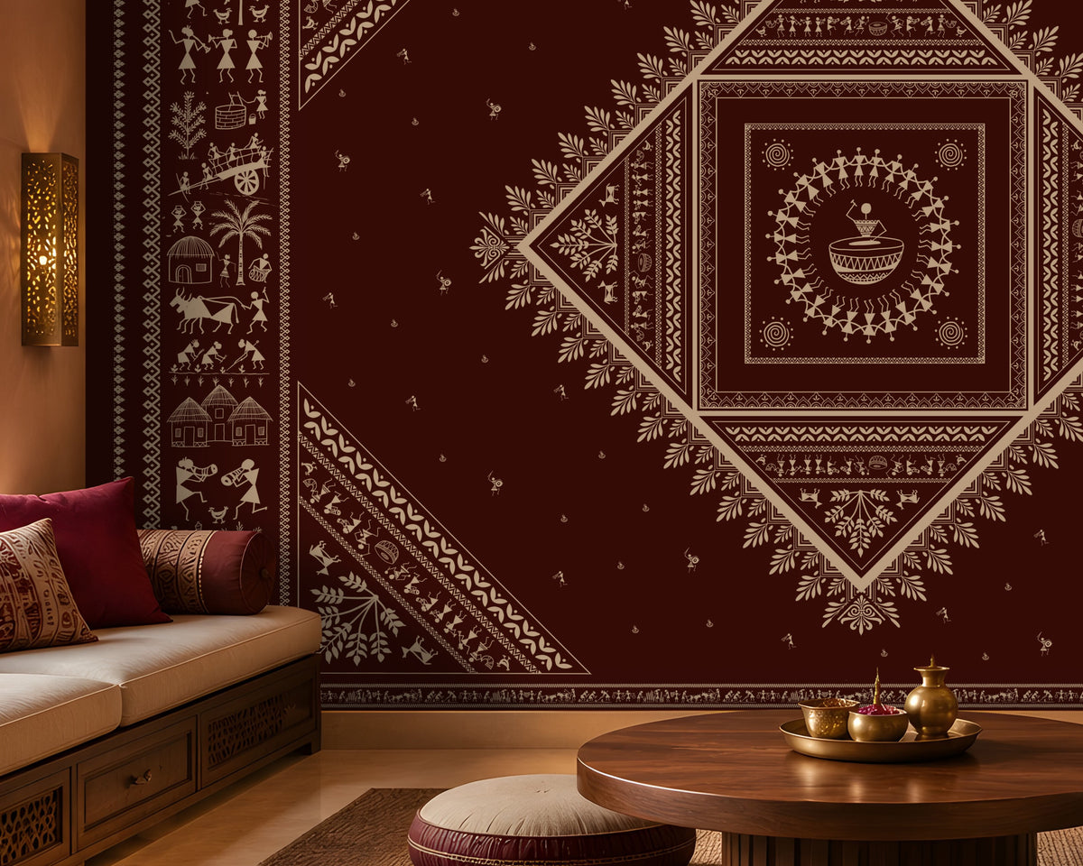 A large wall tapestry with an intricate geometric and tribal pattern in deep maroon and cream, displayed in a styled living room setting with a wooden coffee table, poufs, and a daybed.