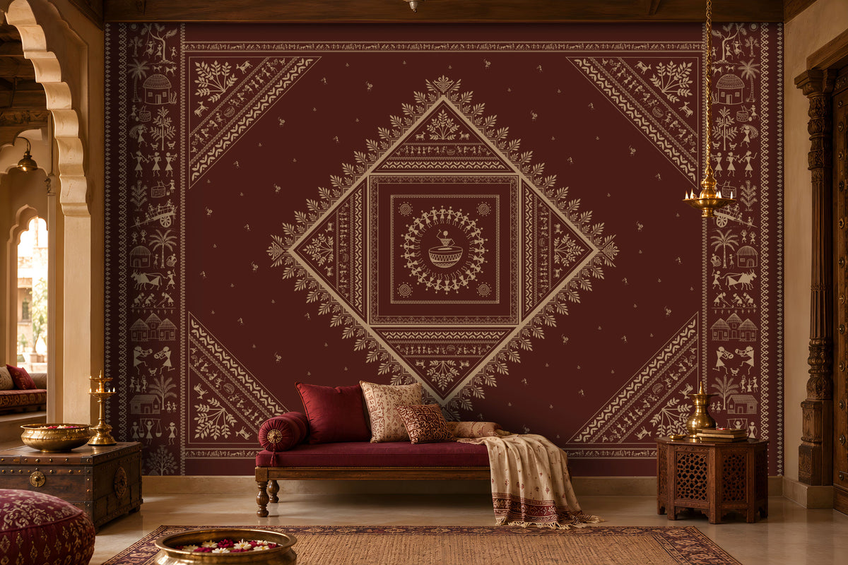 Warli Print Wallpaper in earthy and deep maroon featuring traditional tribal figures, village motifs and geometric patterns in an Indian-inspired living room.