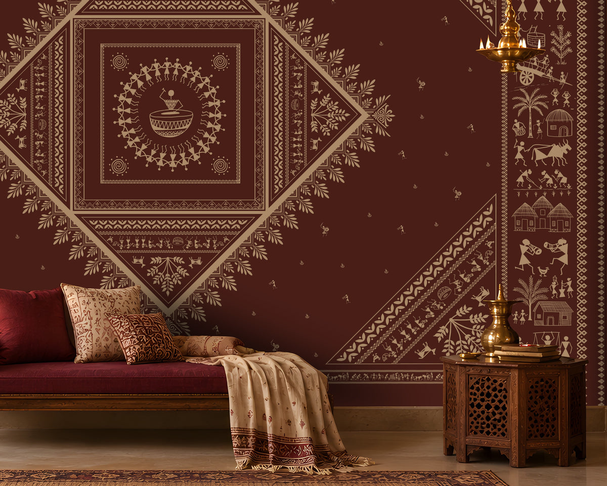 Warli Print Wallpaper in earthy and deep maroon featuring traditional tribal figures, village motifs and geometric patterns in an Indian-inspired living room.