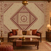 A styled living room featuring a large decorative wall mural with a central diamond-shaped mandala pattern in deep red and beige. The room is furnished with a wooden sofa, matching armchairs, a carved wooden coffee table, and warm ambient lighting.