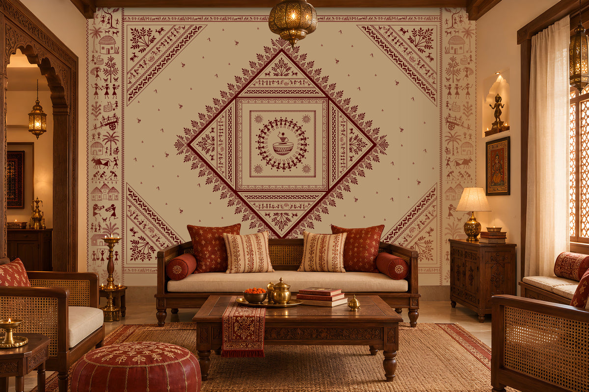 A styled living room featuring a large decorative wall mural with a central diamond-shaped mandala pattern in deep red and beige. The room is furnished with a wooden sofa, matching armchairs, a carved wooden coffee table, and warm ambient lighting.