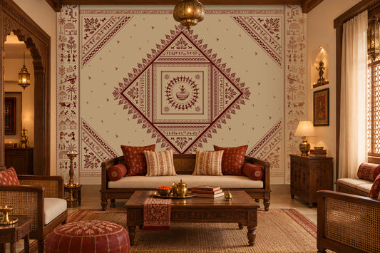 A styled living room featuring a large decorative wall mural with a central diamond-shaped mandala pattern in deep red and beige. The room is furnished with a wooden sofa, matching armchairs, a carved wooden coffee table, and warm ambient lighting.