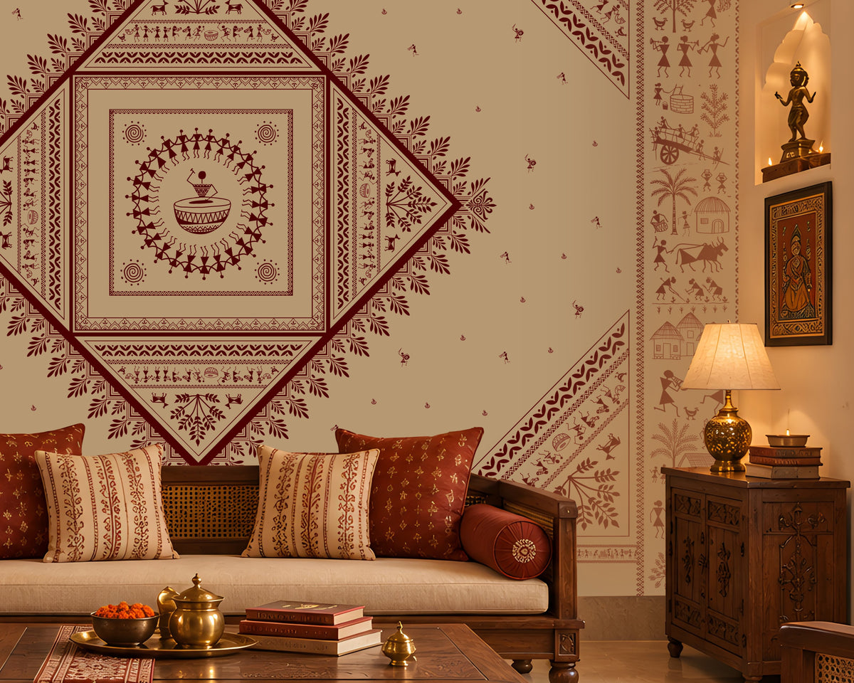 A styled living room featuring a large decorative wall mural with a central diamond-shaped mandala pattern in deep red and beige. The room is furnished with a wooden sofa, matching armchairs, a carved wooden coffee table, and warm ambient lighting.
