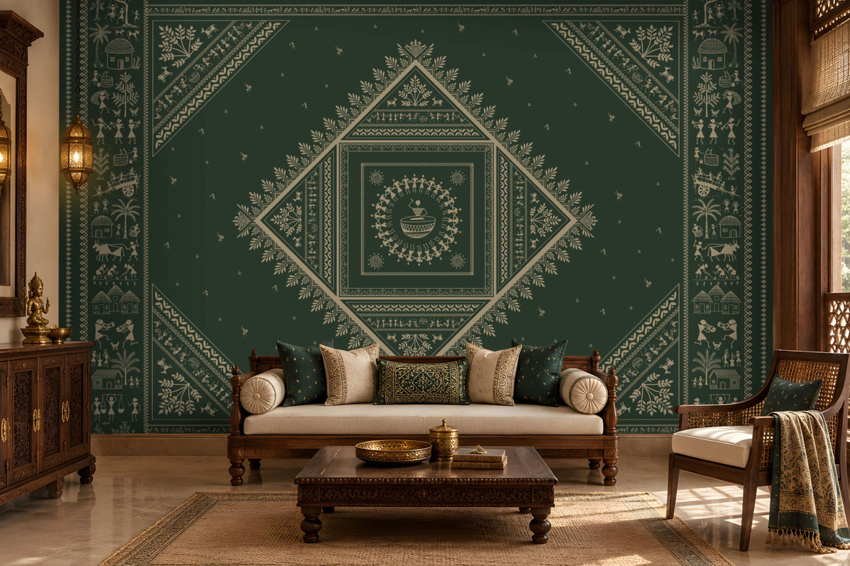 A styled living room featuring a large dark green wall mural with intricate cream-colored traditional geometric and floral patterns. In front of the wall is a wooden sofa with cream cushions, a dark wood coffee table, and a matching armchair.
