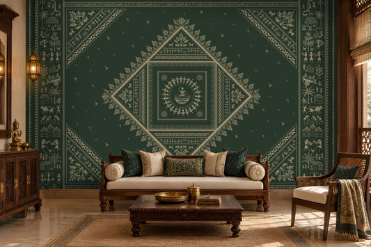 A styled living room featuring a large dark green wall mural with intricate cream-colored traditional geometric and floral patterns. In front of the wall is a wooden sofa with cream cushions, a dark wood coffee table, and a matching armchair.