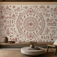 A large wall mural featuring a detailed terracotta red tribal-style mandala and village illustration on a warm cream background, displayed in a modern living room setting with a round stone coffee table, wooden chair, and decorative vases.