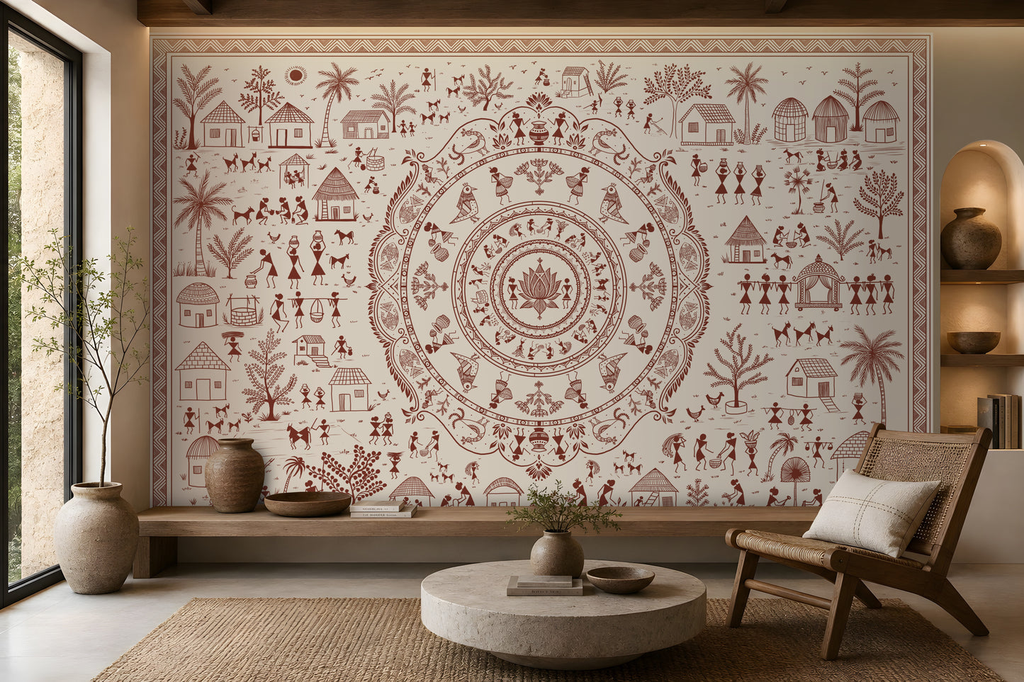 A large wall mural featuring a detailed terracotta red tribal-style mandala and village illustration on a warm cream background, displayed in a modern living room setting with a round stone coffee table, wooden chair, and decorative vases.