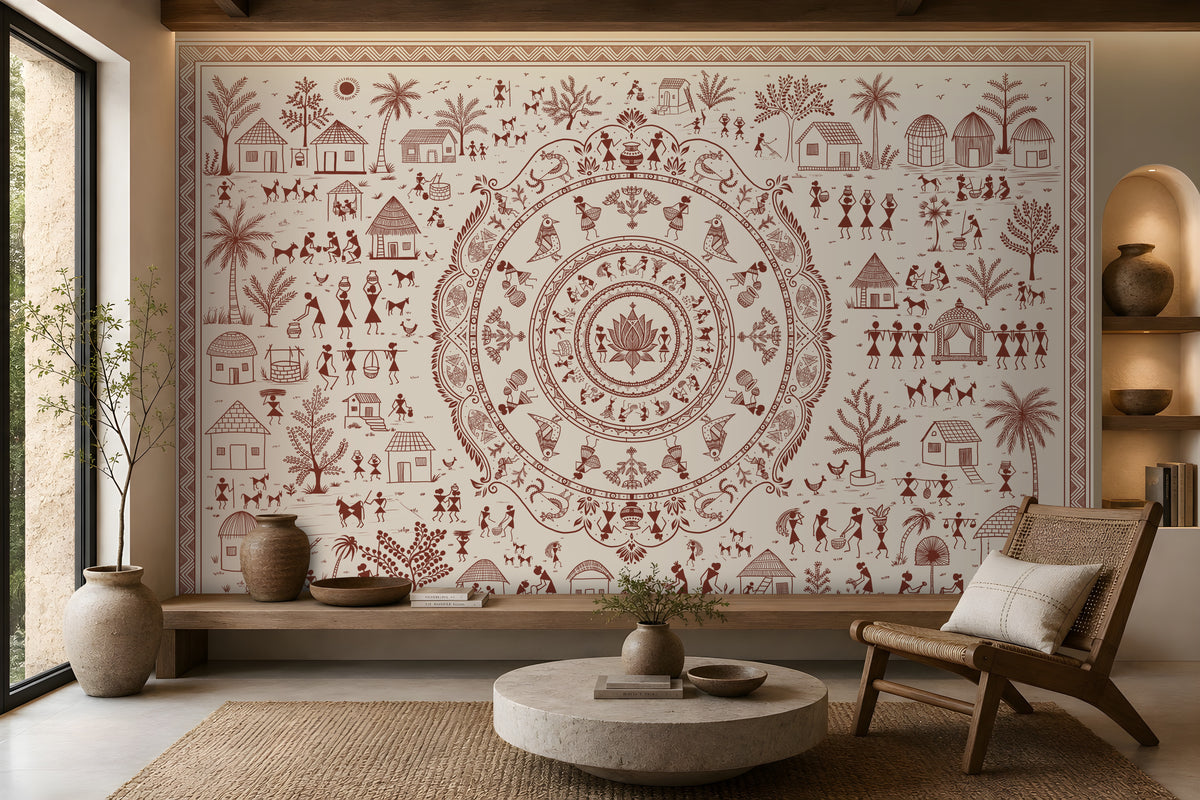 A large wall mural featuring a detailed terracotta red tribal-style mandala and village illustration on a warm cream background, displayed in a modern living room setting with a round stone coffee table, wooden chair, and decorative vases.