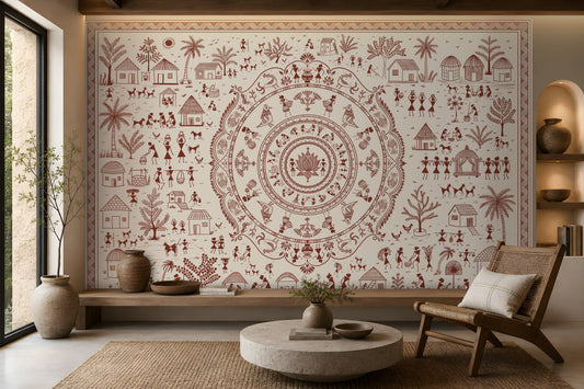 A large wall mural featuring a detailed terracotta red tribal-style mandala and village illustration on a warm cream background, displayed in a modern living room setting with a round stone coffee table, wooden chair, and decorative vases.