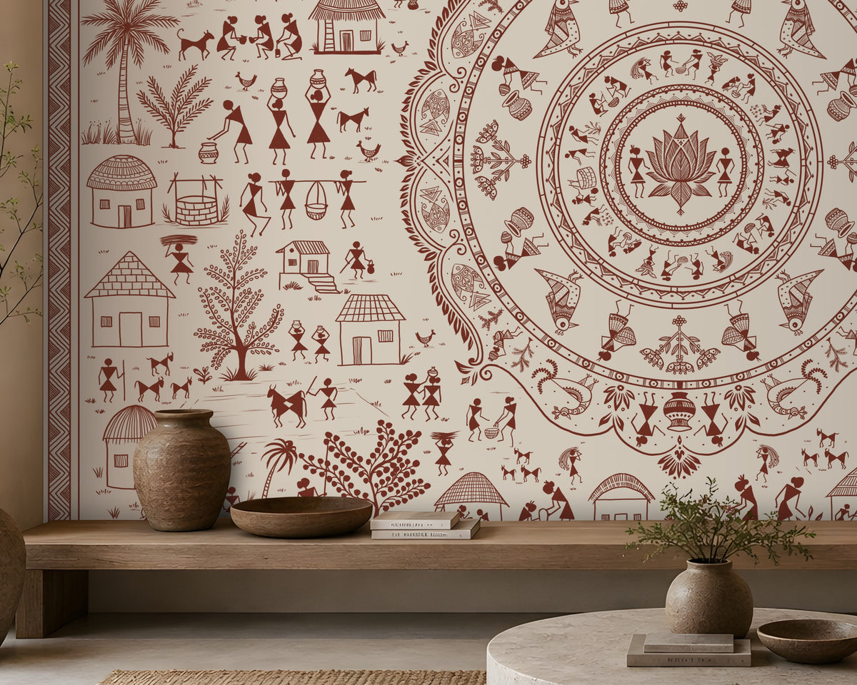 A styled interior scene featuring a large wall mural with a reddish-brown tribal folk art design on a warm cream background. The mural depicts a large circular mandala on the right and various figures, huts, and plants on the left.