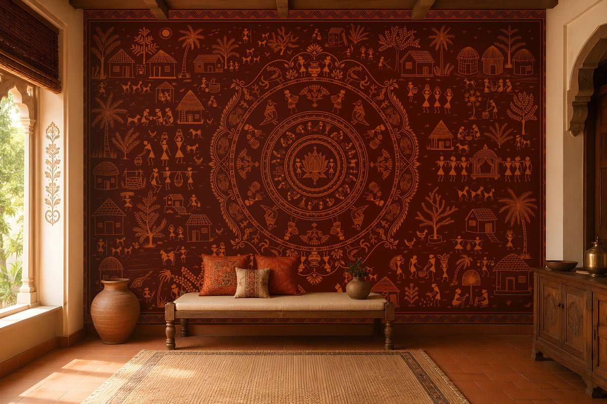 A large wall mural featuring intricate Indian folk art and a central mandala design in warm terracotta and brown tones, displayed in a styled room with a wooden bench, cushions, and a rug.