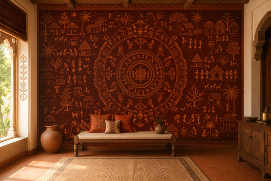 A large wall mural featuring intricate Indian folk art and a central mandala design in warm terracotta and brown tones, displayed in a styled room with a wooden bench, cushions, and a rug.