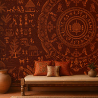A large wall mural featuring intricate Indian folk art and a central mandala design in warm terracotta and brown tones, displayed in a styled room with a wooden bench, cushions, and a rug.