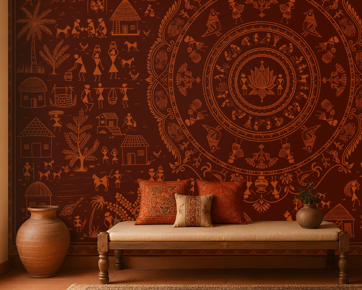 A large wall mural featuring intricate Indian folk art and a central mandala design in warm terracotta and brown tones, displayed in a styled room with a wooden bench, cushions, and a rug.