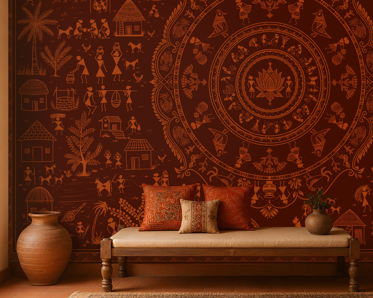 A large wall mural featuring intricate Indian folk art and a central mandala design in warm terracotta and brown tones, displayed in a styled room with a wooden bench, cushions, and a rug.