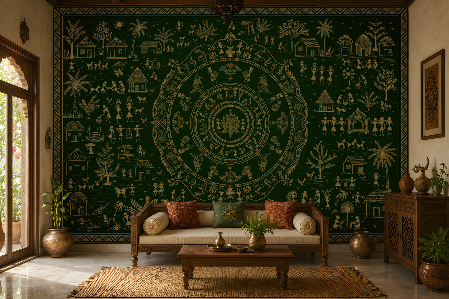 A large dark green wall tapestry with intricate beige folk art illustrations of houses, trees, and circular mandala motifs, displayed in a styled living room behind a wooden sofa.