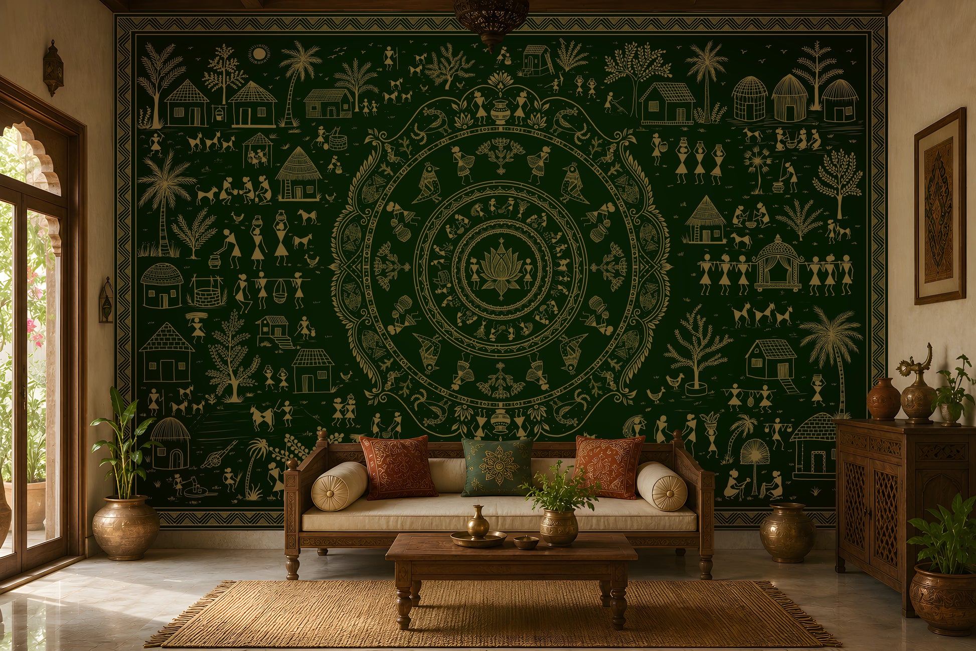 A large dark green wall tapestry with intricate beige folk art illustrations of houses, trees, and circular mandala motifs, displayed in a styled living room behind a wooden sofa.