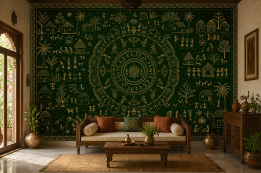 A large dark green wall tapestry with intricate beige folk art illustrations of houses, trees, and circular mandala motifs, displayed in a styled living room behind a wooden sofa.