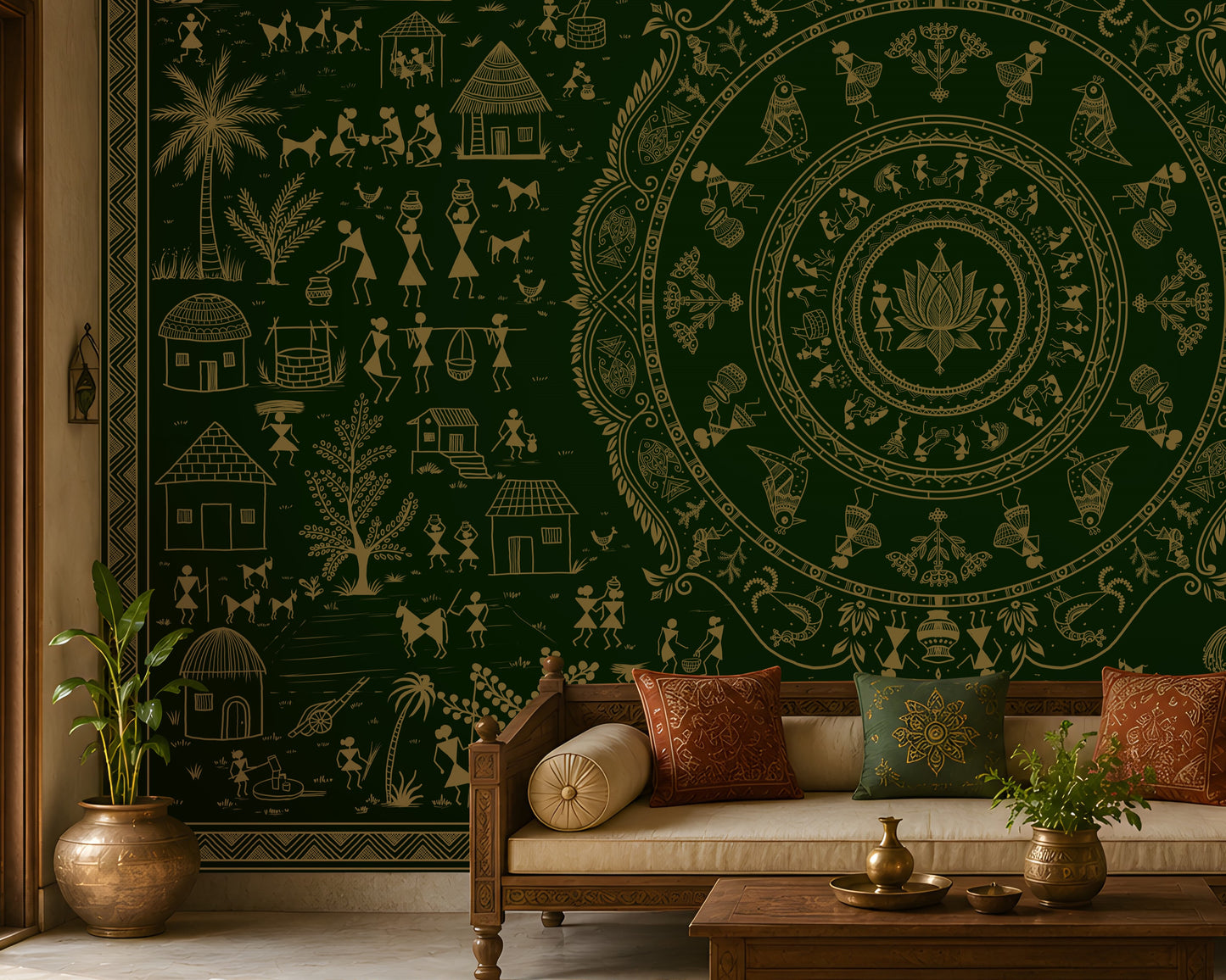 A large dark green wall tapestry with intricate beige folk art illustrations of houses, trees, and circular mandala motifs, displayed in a styled living room behind a wooden sofa.