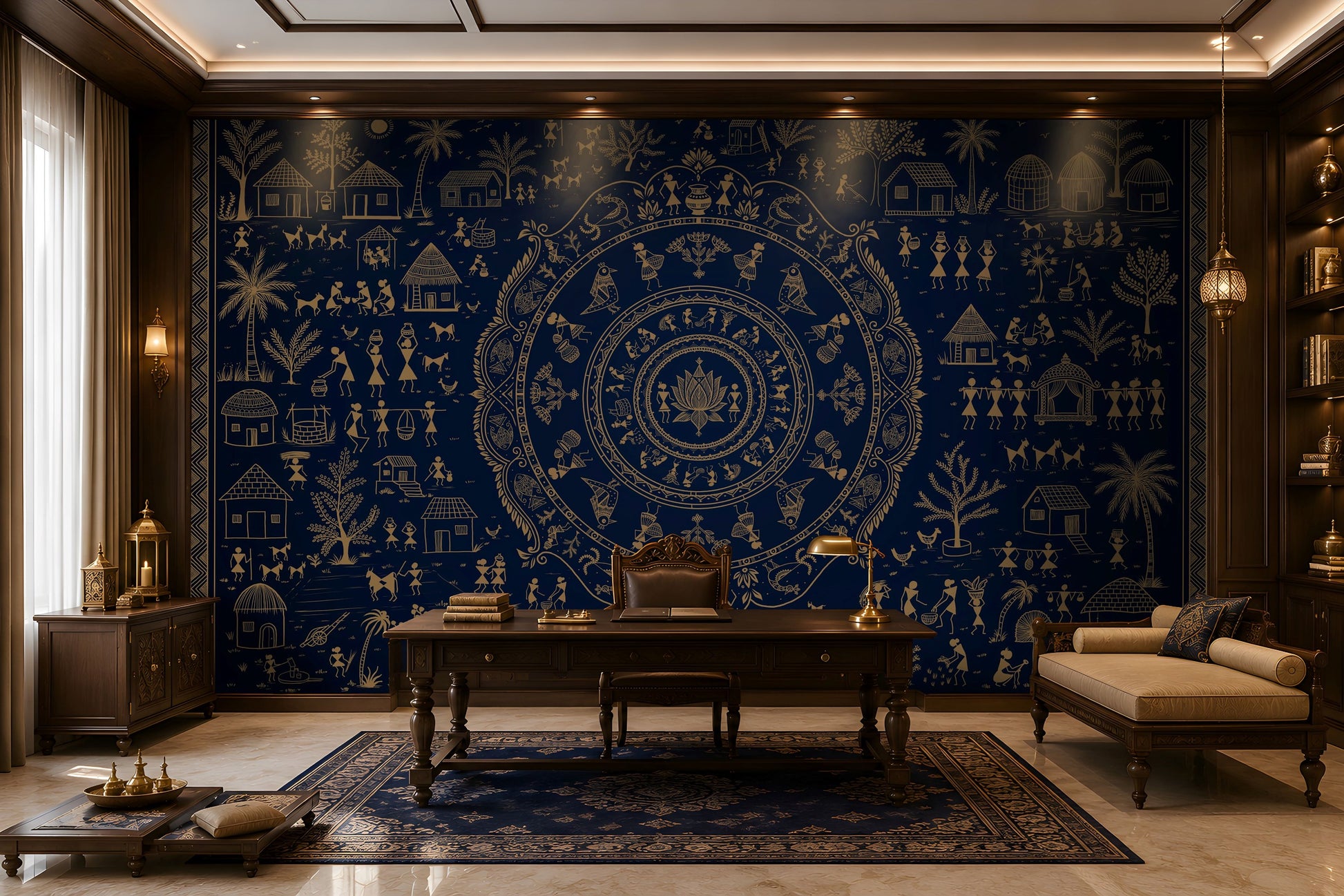 A large wall mural or wallpaper featuring an intricate navy blue and gold traditional circular mandala design with figures, houses, and trees, shown in a styled study with a wooden desk, chair, and sofa.
