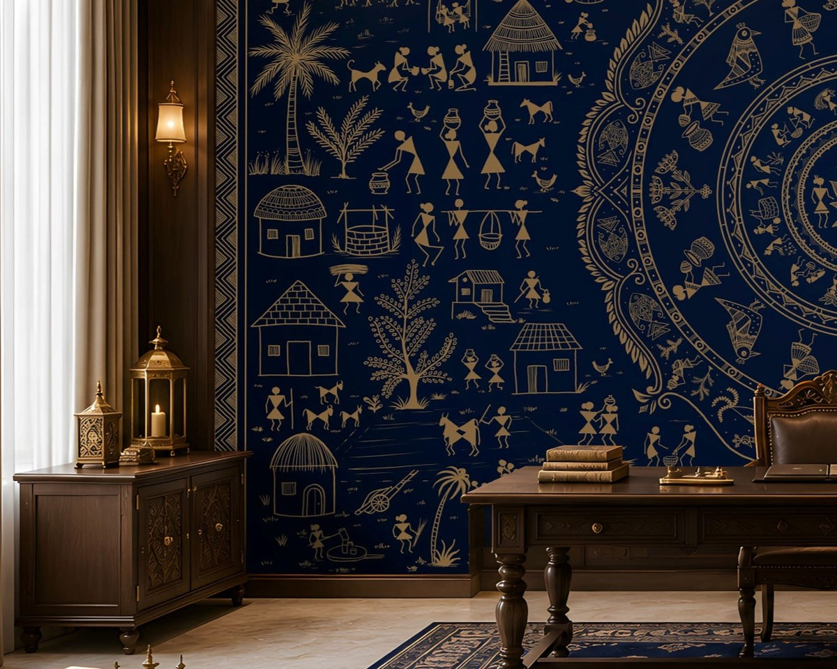 A large wall mural or wallpaper featuring an intricate navy blue and gold traditional circular mandala design with figures, houses, and trees, shown in a styled study with a wooden desk, chair, and sofa.