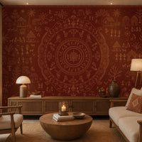 A styled living room featuring a large red wall mural with intricate tan circular mandala and tribal-style motifs. The room includes a beige sofa, a matching armchair, a round wooden coffee table with a candle, a wooden sideboard, and two table lamps.
