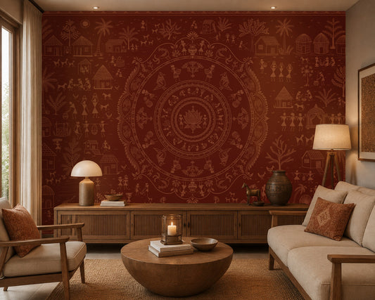 A styled living room featuring a large red wall mural with intricate tan circular mandala and tribal-style motifs. The room includes a beige sofa, a matching armchair, a round wooden coffee table with a candle, a wooden sideboard, and two table lamps.