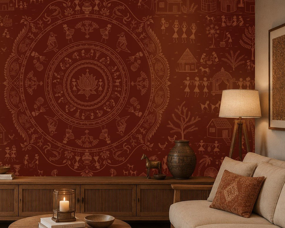 A styled living room featuring a deep terracotta red wallpaper with an intricate tan and brown Indian-style mandala and folk art pattern. The room includes a wooden console table, a lit floor lamp, a beige sofa with a matching patterned throw pillow, and a decorative ceramic pot.