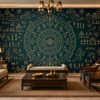 A styled living room featuring a large dark teal wall mural with intricate cream-colored Indian folk art motifs, including a central mandala and figures. The room is furnished with a cream sofa, a dark wood coffee table, a matching area rug, and accent chairs.