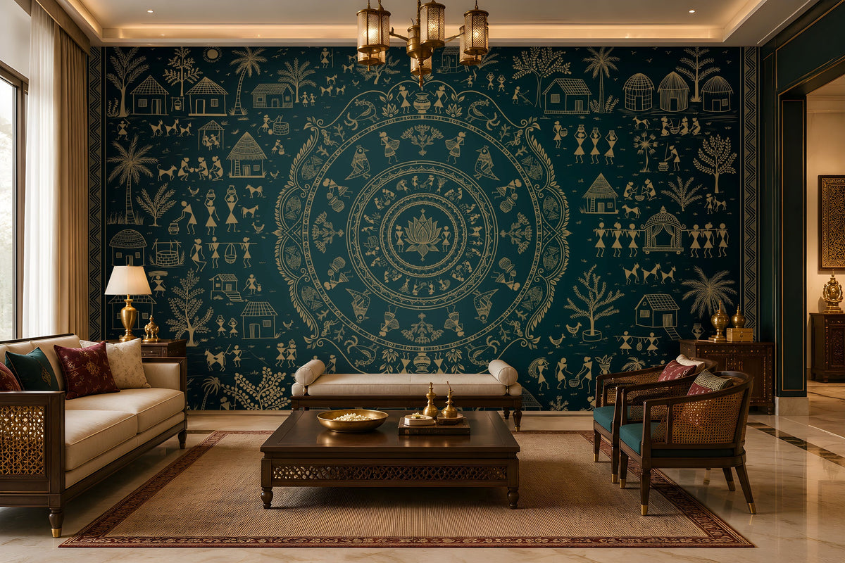 A styled living room featuring a large dark teal wall mural with intricate cream-colored Indian folk art motifs, including a central mandala and figures. The room is furnished with a cream sofa, a dark wood coffee table, a matching area rug, and accent chairs.