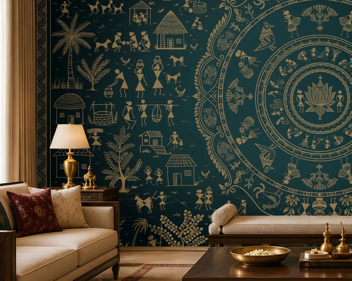 A styled living room featuring a large dark teal wall mural with intricate cream-colored Indian folk art motifs, including a central mandala and figures. The room is furnished with a cream sofa, a dark wood coffee table, a matching area rug, and accent chairs.