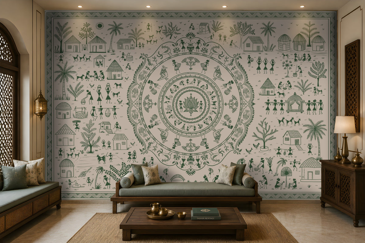 A large wall mural featuring a detailed green and white Indian folk art mandala and village scene, displayed in a modern living room setting with a sofa, coffee table, and lamps.