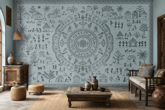 A large wall mural featuring a detailed blue-gray circular mandala and surrounding folk-art style illustrations of houses, people, and plants, shown in a styled living room with wooden furniture and woven decor.