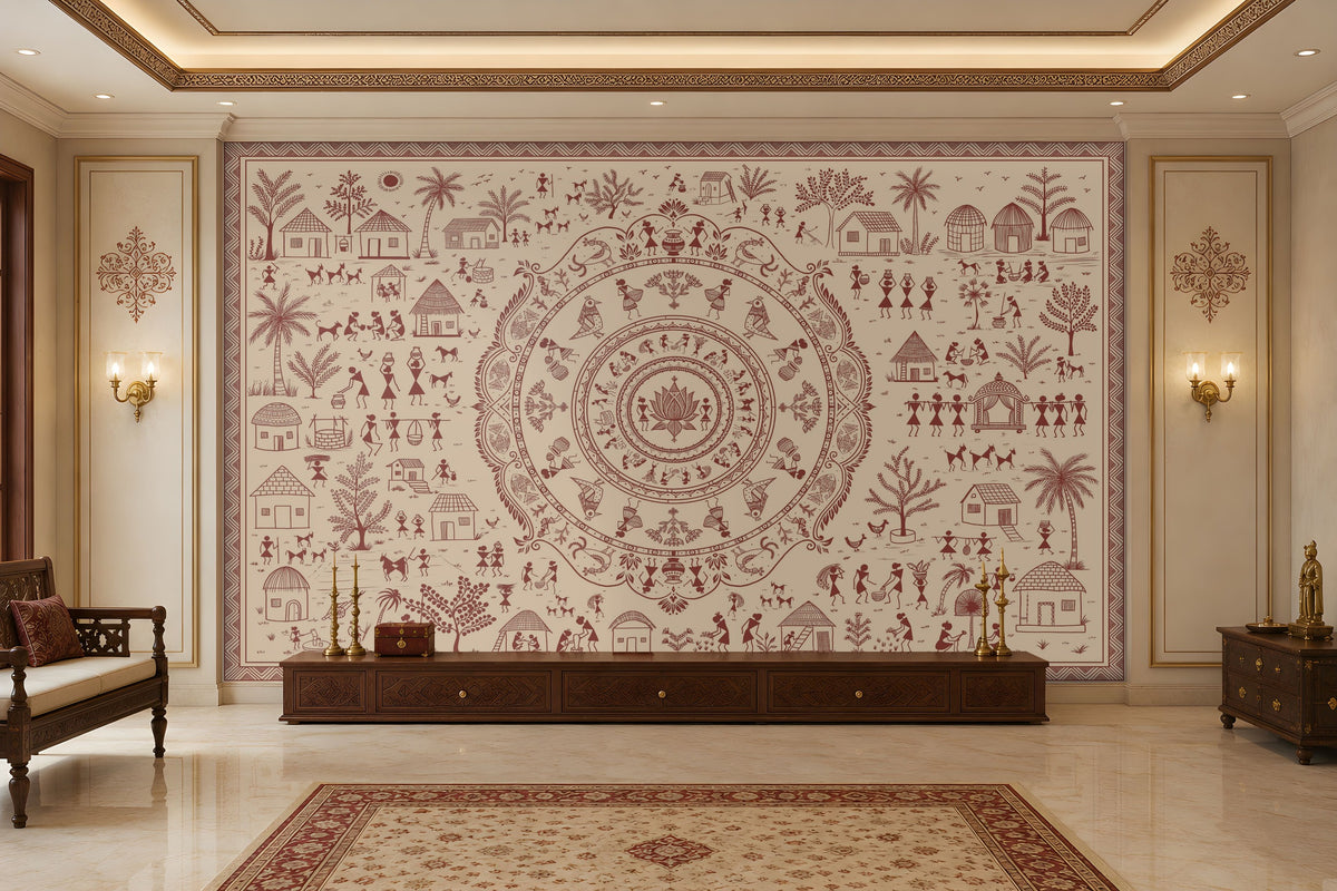 A large wall mural featuring an intricate circular mandala and traditional folk art motifs in muted red-brown on a warm cream background, displayed in a grand, elegant room with a matching patterned rug and dark wood furniture.