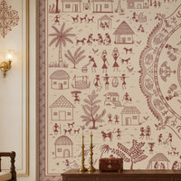 A large wall mural featuring an intricate circular mandala and traditional folk art motifs in muted red-brown on a warm cream background, displayed in a grand, elegant room with a matching patterned rug and dark wood furniture.