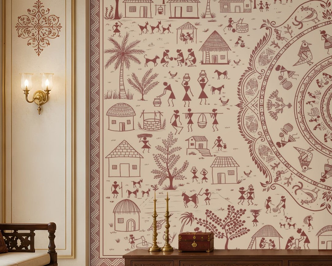 A large wall mural featuring an intricate circular mandala and traditional folk art motifs in muted red-brown on a warm cream background, displayed in a grand, elegant room with a matching patterned rug and dark wood furniture.