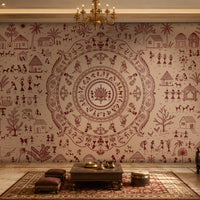 A large wall mural featuring a detailed circular mandala and traditional village scenes in dark red on a warm beige background, displayed in an ornate, richly decorated living room with a chandelier, sofa, and rug.