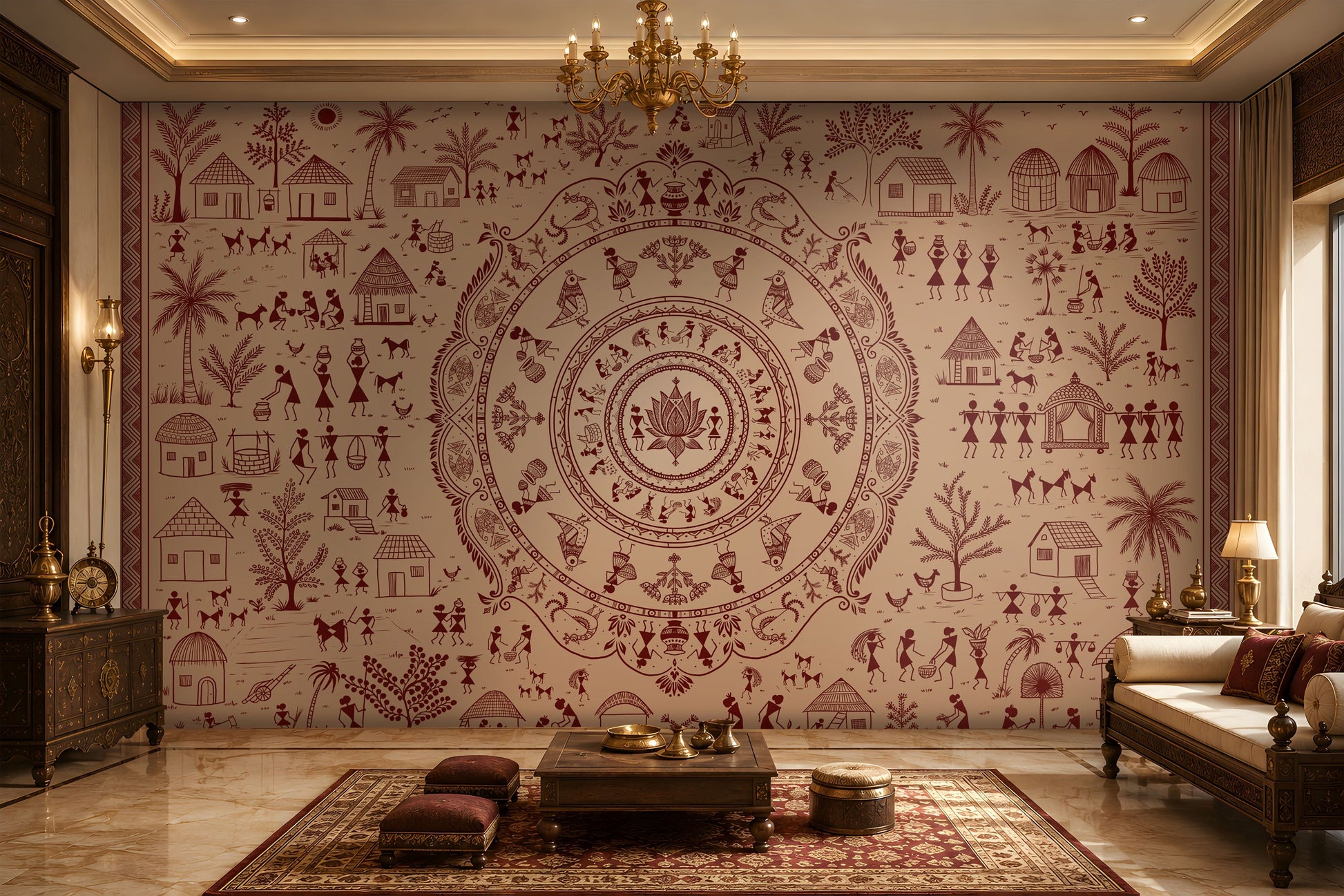 A large wall mural featuring a detailed circular mandala and traditional village scenes in dark red on a warm beige background, displayed in an ornate, richly decorated living room with a chandelier, sofa, and rug.