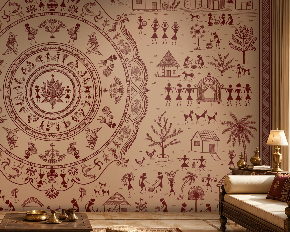 A styled interior room featuring a large wall mural or wallpaper with a beige background and dark reddish-brown traditional folk art illustrations, including a central mandala-like circular motif, figures, trees, huts, and animals. Part of a cream sofa, a side table, and a lamp are visible in the room.