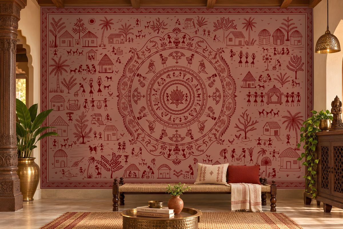 A large wall mural featuring a detailed red and dusty rose Indian folk art style mandala with village scenes, surrounded by a furnished room with a bench, pillows, plants, and a brass table.
