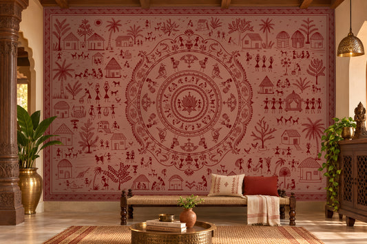 A large wall mural featuring a detailed red and dusty rose Indian folk art style mandala with village scenes, surrounded by a furnished room with a bench, pillows, plants, and a brass table.