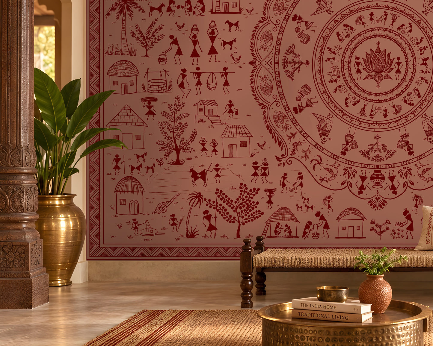 A large wall mural featuring a detailed red and dusty rose Indian folk art style mandala with village scenes, surrounded by a furnished room with a bench, pillows, plants, and a brass table.
