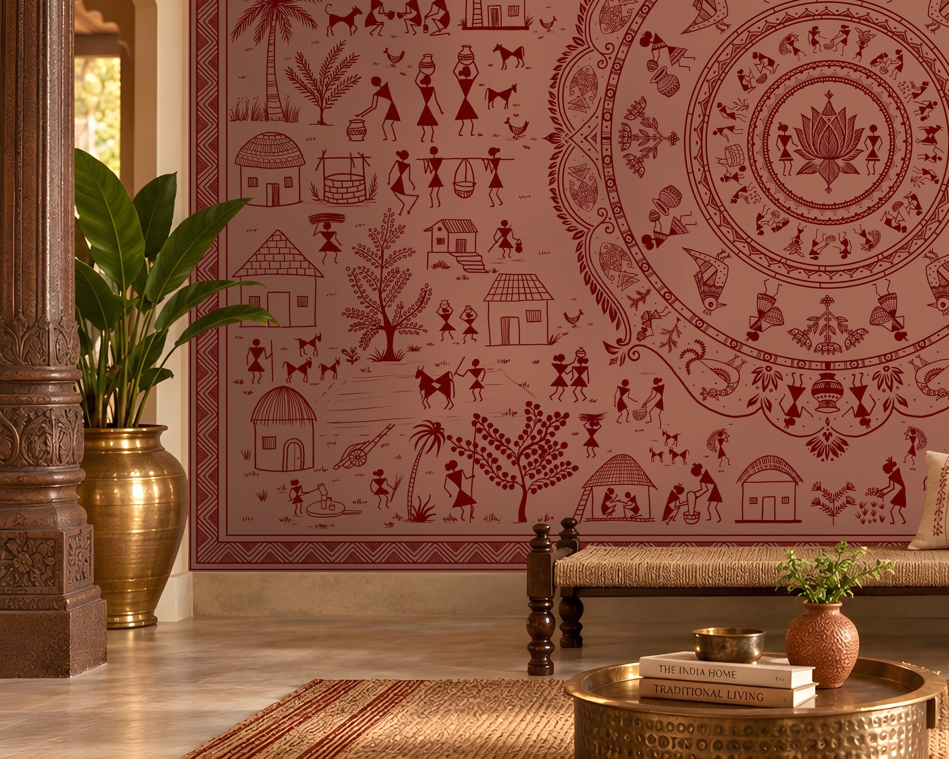A large wall mural featuring a detailed red and dusty rose Indian folk art style mandala with village scenes, surrounded by a furnished room with a bench, pillows, plants, and a brass table.