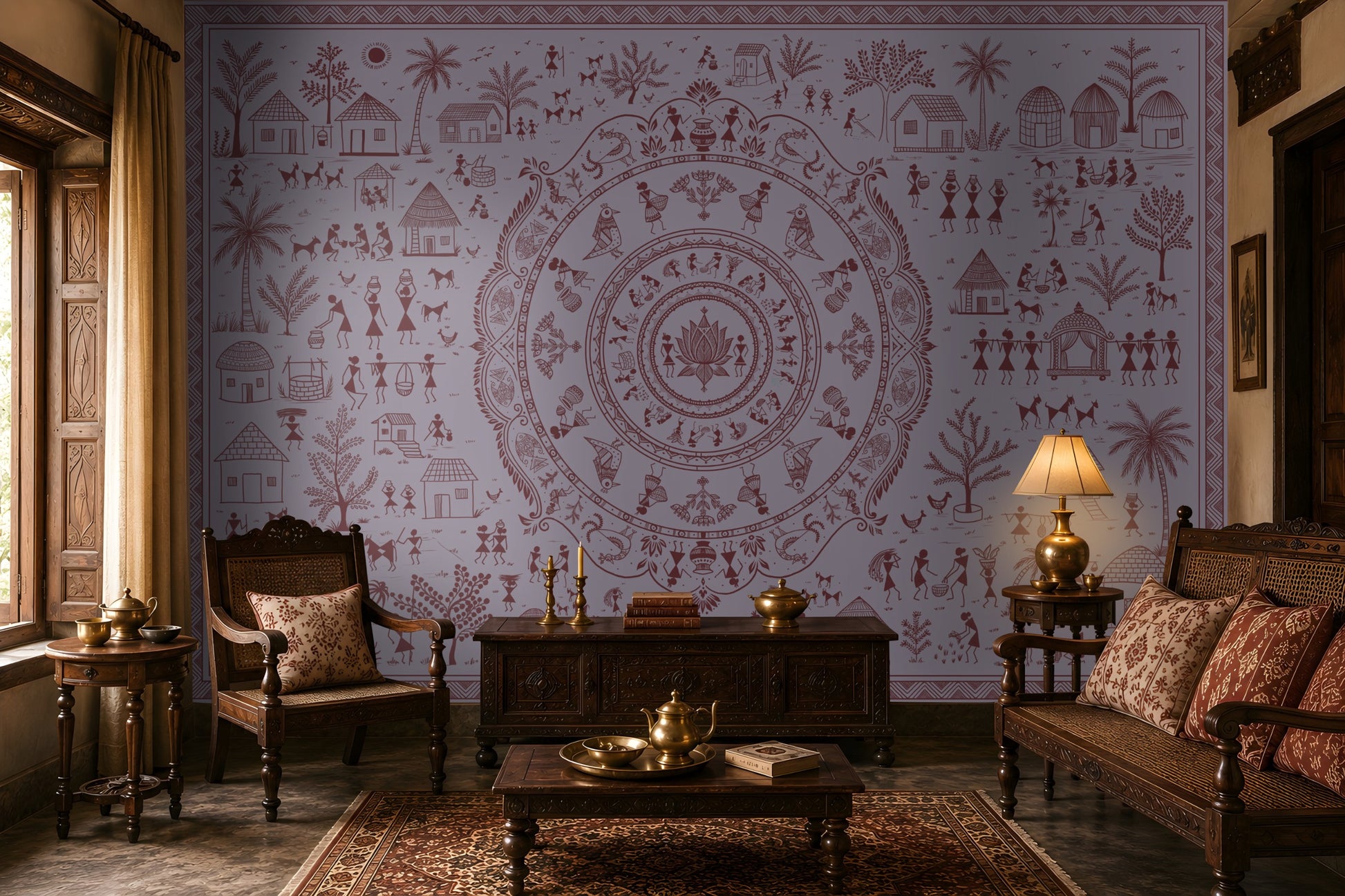 A styled traditional living room featuring a large lavender wall mural with a detailed central mandala and surrounding folk-art illustrations in muted red-brown. The room is furnished with dark wood furniture, patterned cushions, a brass table lamp, and a patterned area rug.