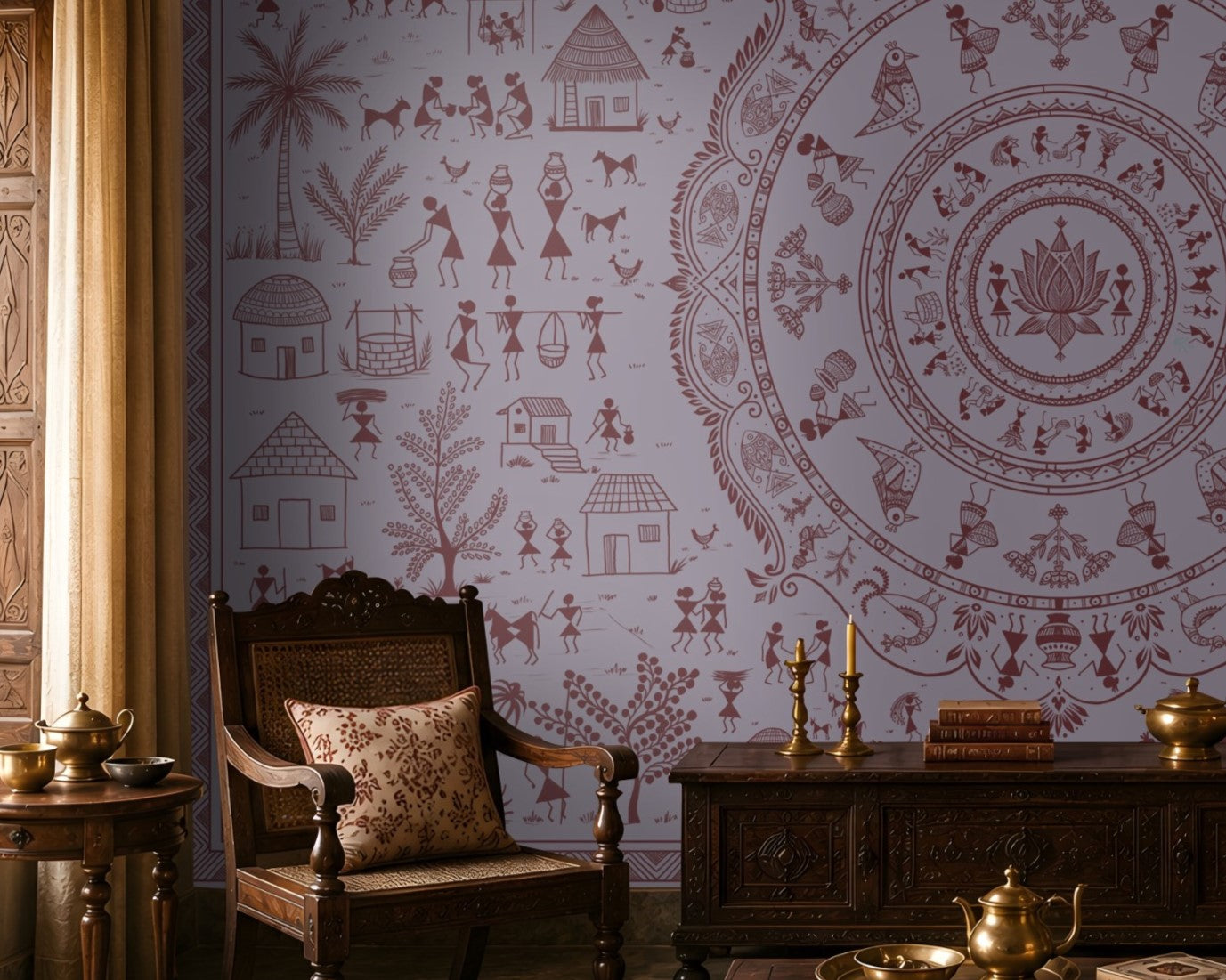 A styled traditional living room featuring a large lavender wall mural with a detailed central mandala and surrounding folk-art illustrations in muted red-brown. The room is furnished with dark wood furniture, patterned cushions, a brass table lamp, and a patterned area rug.