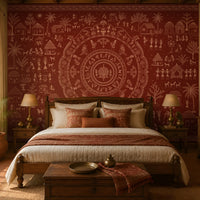A styled bedroom featuring a large red and beige folk-art style wall mural behind a wooden bed. The room includes matching wood furniture, bedside tables with lamps, a bench at the foot of the bed, and potted plants near the window.