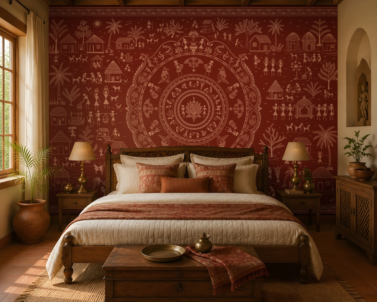 A styled bedroom featuring a large red and beige folk-art style wall mural behind a wooden bed. The room includes matching wood furniture, bedside tables with lamps, a bench at the foot of the bed, and potted plants near the window.