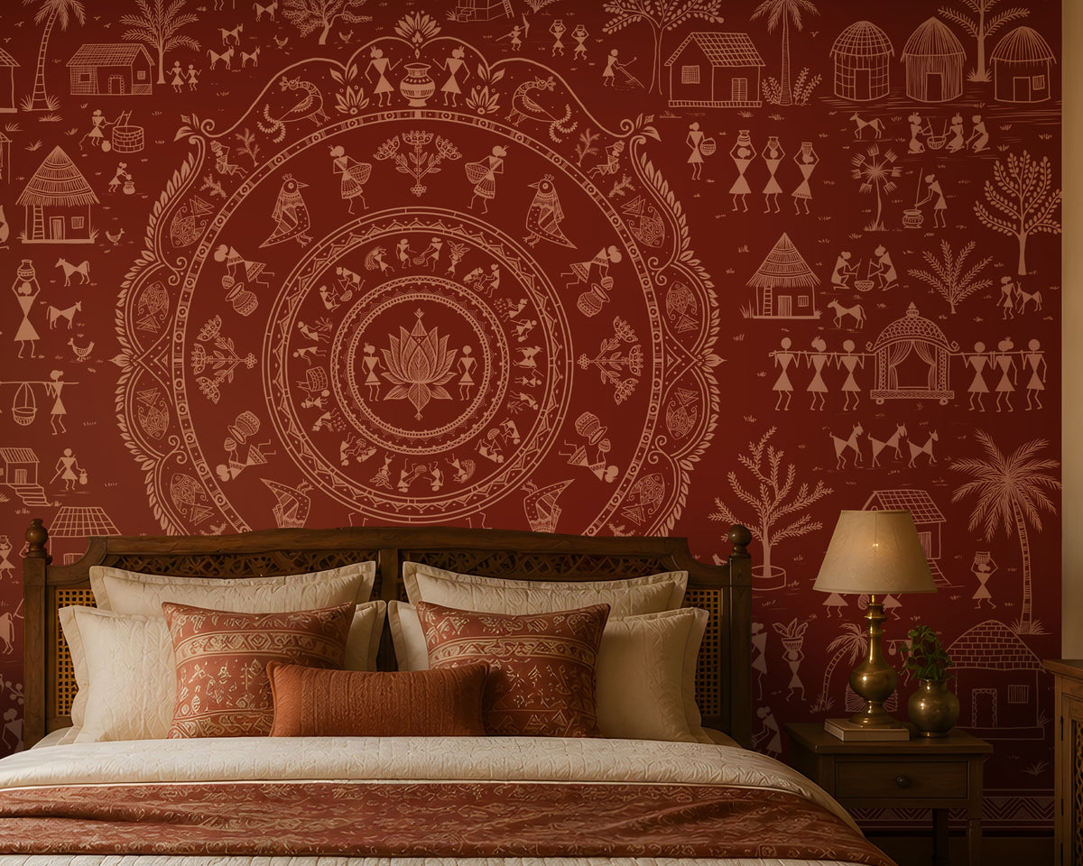 A styled bedroom featuring a large red and beige folk-art style wall mural behind a wooden bed. The room includes matching wood furniture, bedside tables with lamps, a bench at the foot of the bed, and potted plants near the window.