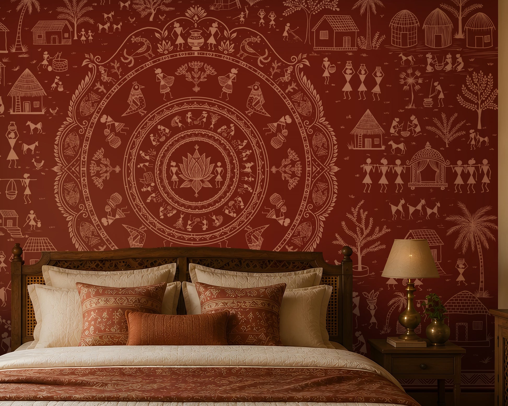 A styled bedroom featuring a large red and beige folk-art style wall mural behind a wooden bed. The room includes matching wood furniture, bedside tables with lamps, a bench at the foot of the bed, and potted plants near the window.